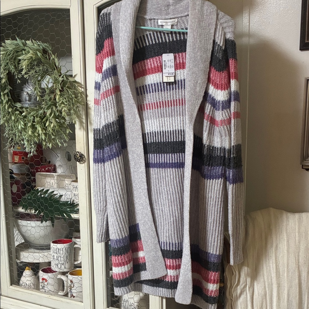 Christopher & Banks Gray Open-Front Cardigan with Pink, Purple & Black Stripes